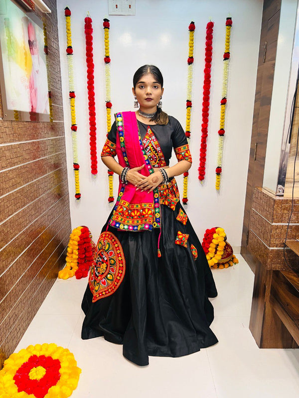 Black Cotton Silk Lehenga with Gamthi Work (7.25 Meter Flair)