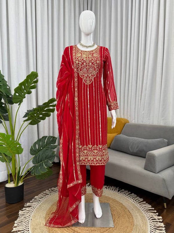 Red Faux Georgette Embroidered 3-Piece Suit with Dupatta