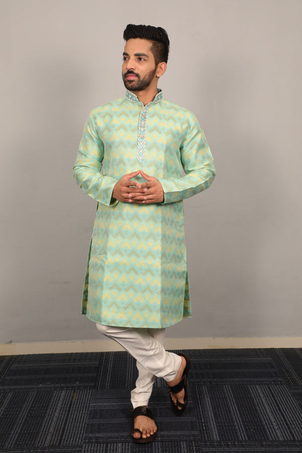 Soft Jacquard Silk Men's Kurta Pyjama with Heavy Neck Design
