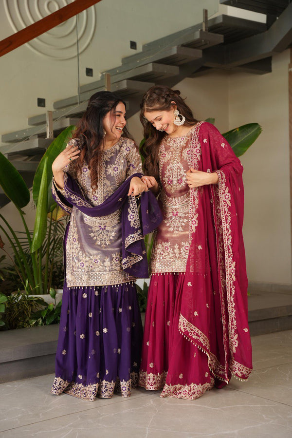Purple & Pink Crazy Silk Embroidered Suit Set with Palazzo & Dupatta
