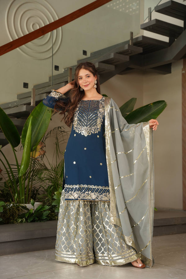 Dark Blue & Dark Purple Faux Georgette Embroidered Suit Set
