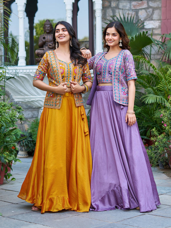 Purple & Yellow Pure Vichitra Lehenga Choli with Koti Set