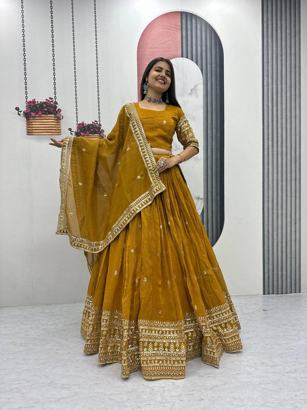 Yellow & Rani Pure Gold Crush Lehenga Set with Heavy Embroidery & Sequins
