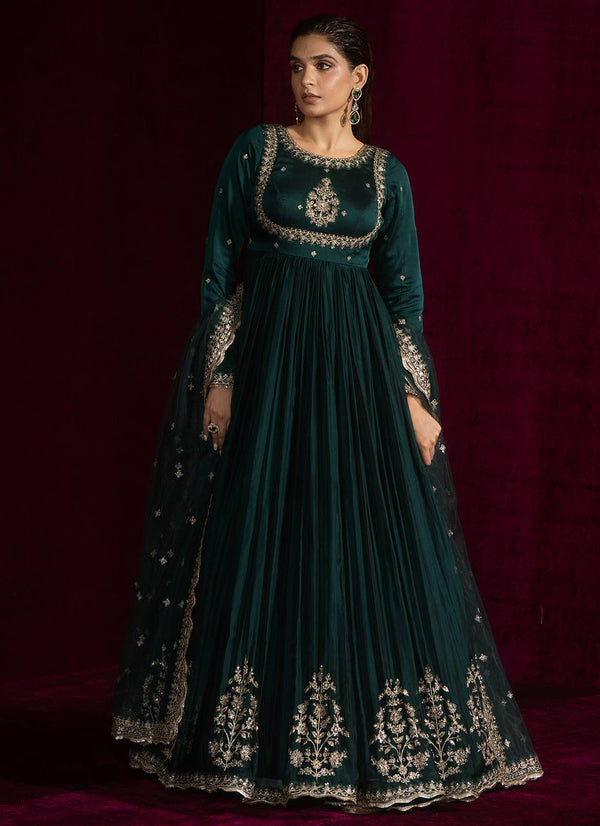 Teal Japan Satin Anarkali Set with Pant & Dupatta