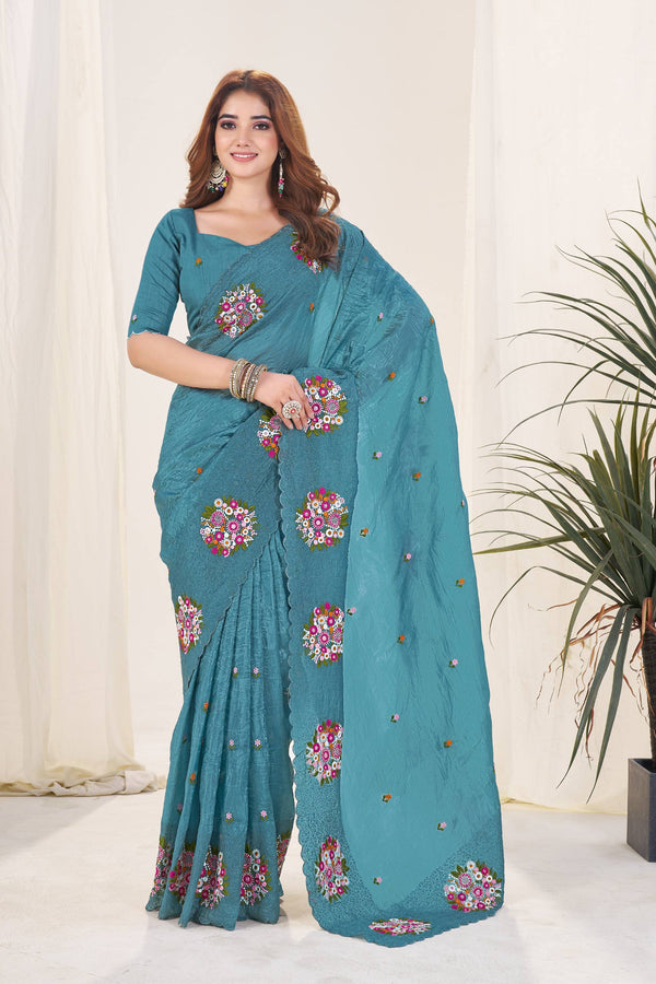 Gold Crush Saree with Multi-Color Thread Work
