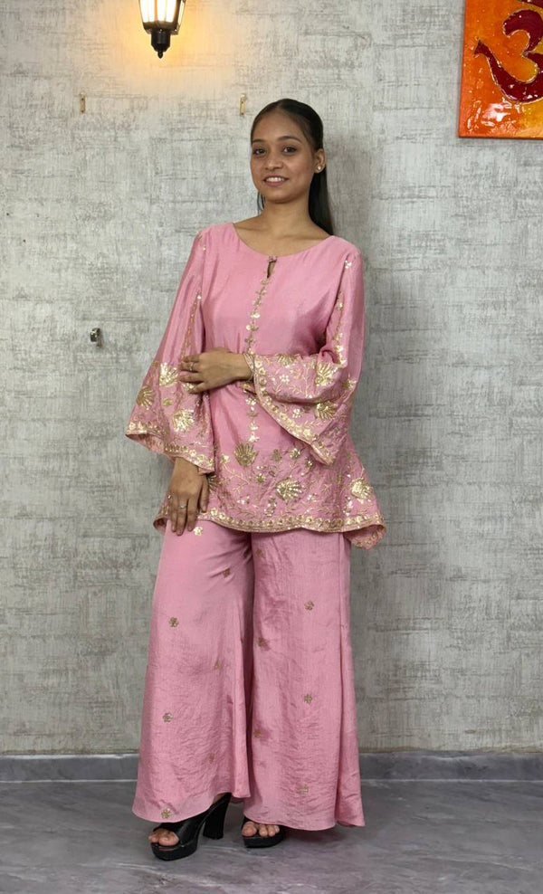 Pink Chinon Silk Embroidered Top & Bottom Set with Sequins Work
