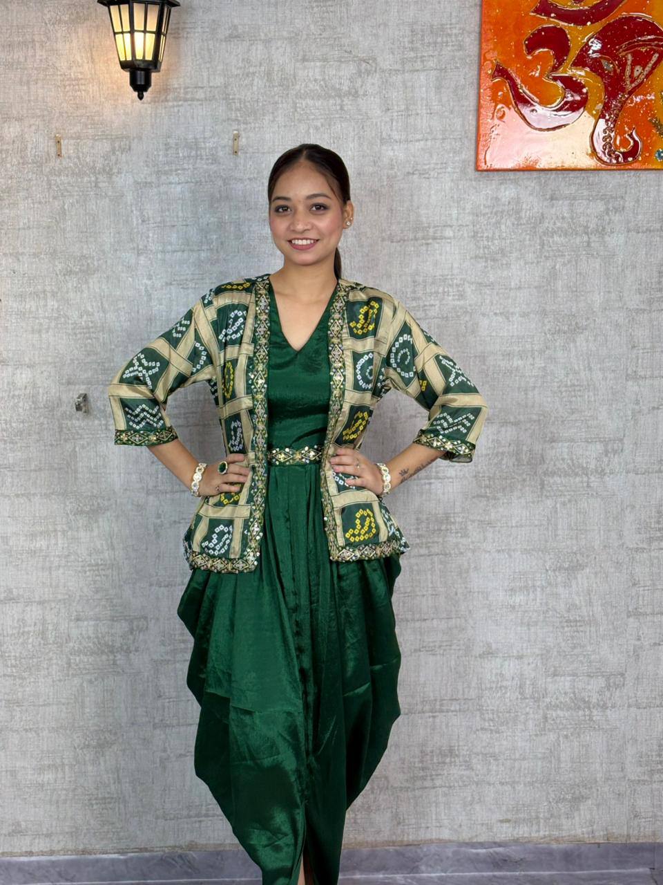 Dark Green & Pink Chinon Silk Jacket & Dhoti Style Dress Set with Sequ –  Tiamgee