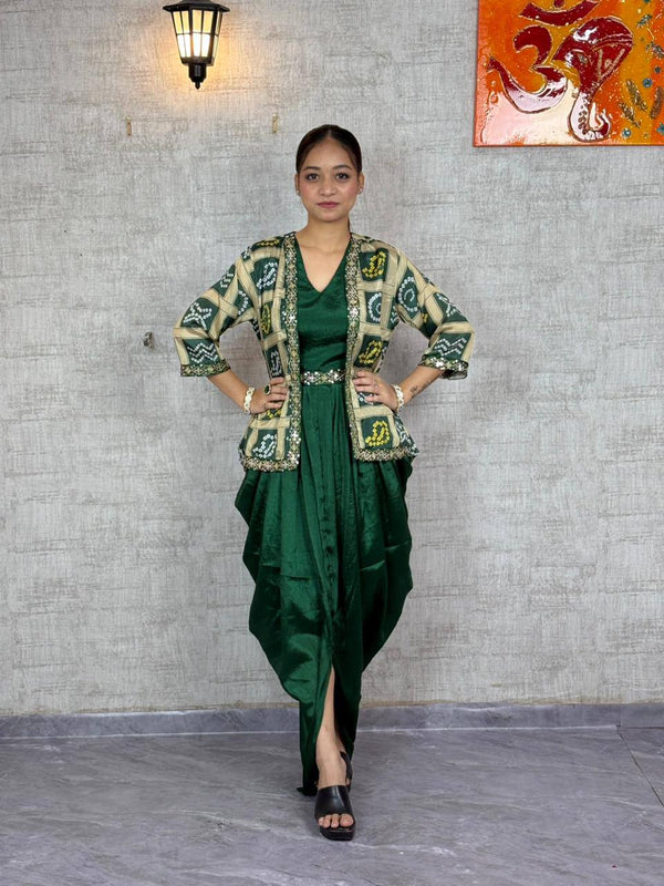 Dark Green & Pink Chinon Silk Jacket & Dhoti Style Dress Set with Sequins Embroidery