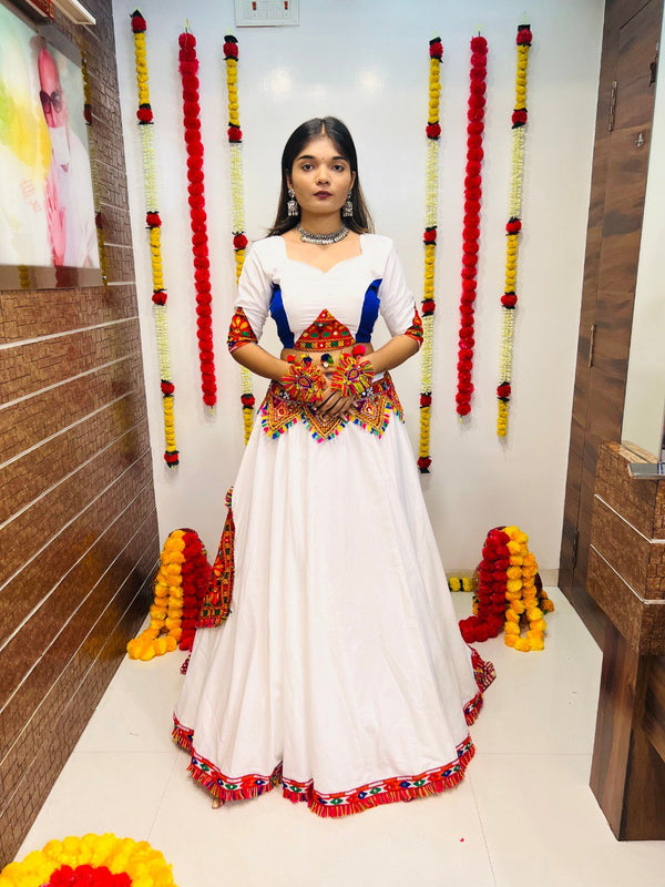 White Cotton Silk Gamthi Work Lehenga Choli with 7.25 Meter Flair