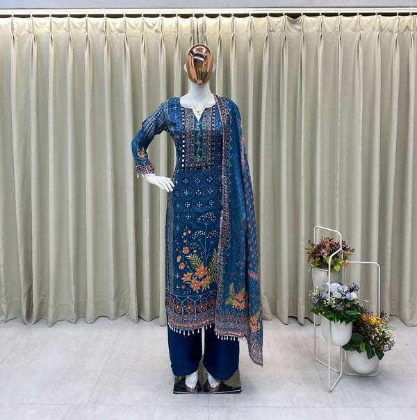 Blue Chinon Kurti Set with Palazzo and Dupatta