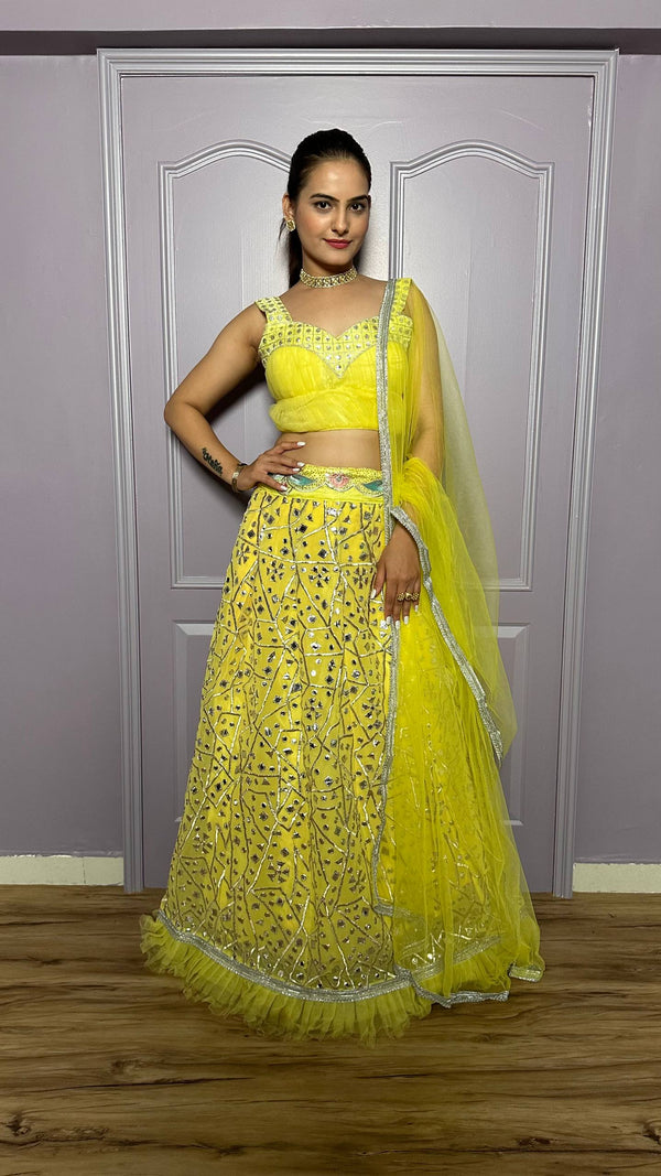 Yellow Georgette Lehenga with Zari & Foil Work, Net Dupatta & Banglori Satin Blouse
