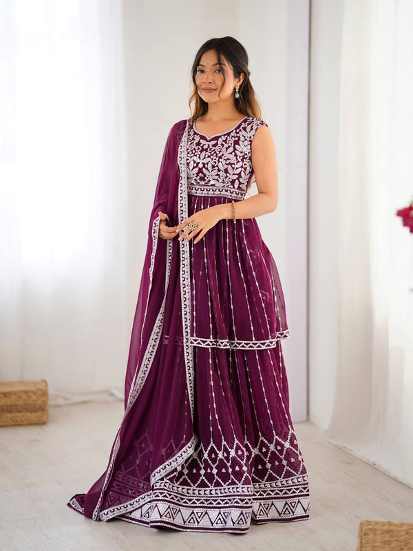 Wine & Yellow Faux Georgette Lehenga Set with 9MM Sequin Work