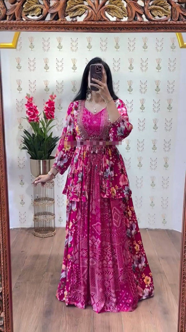 Rani & Purple Chinon Crop Top with Lehenga & Embroidered Shrug