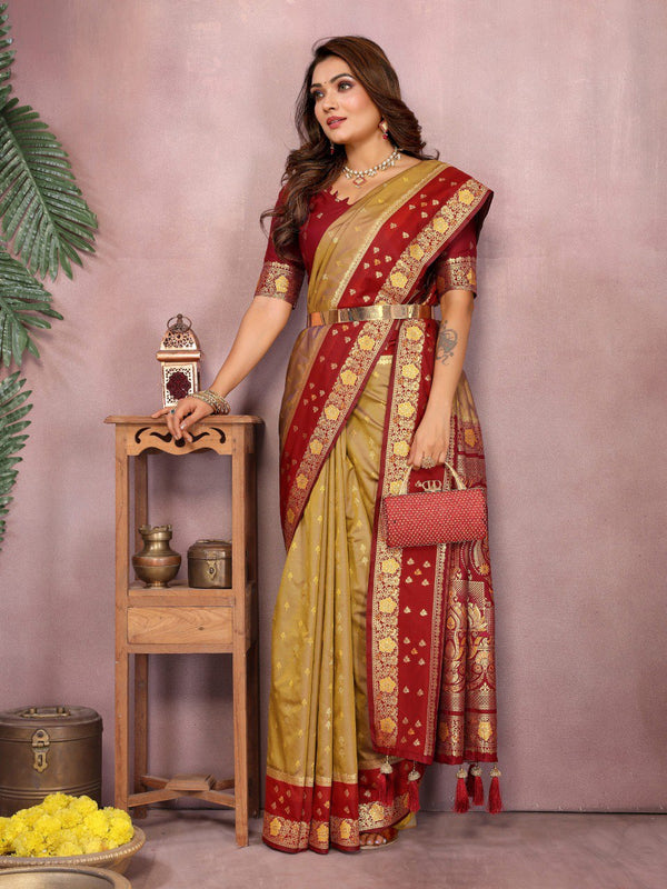Pure Handloom Kalamkari Silk Saree with Zari Borders - Tiamgee
