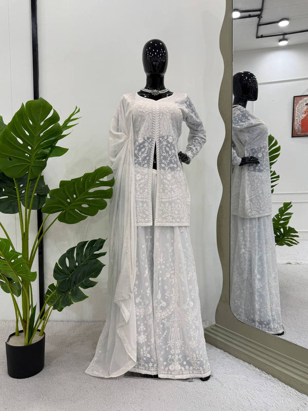 White Faux Georgette Thread Embroidered Top, Plazo & Dupatta Set