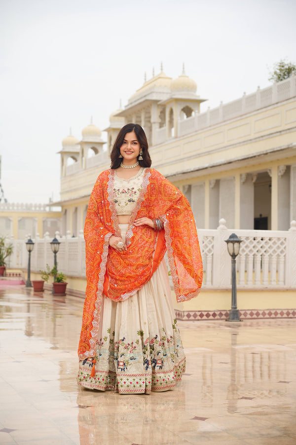 Off White Pure Tissue Silk Lehenga Choli with Bandhej Georgette Dupatta