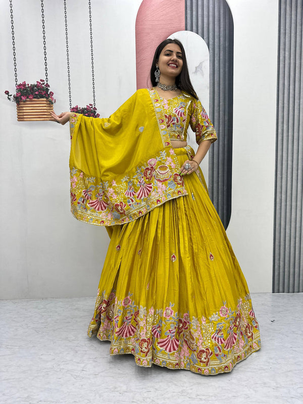Yellow Chinon Lehenga Choli with Embroidered Dupatta