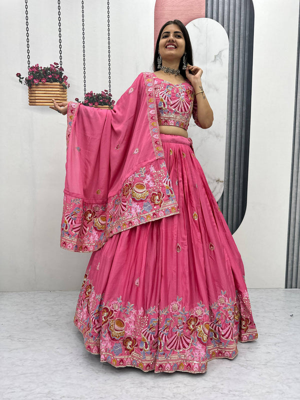 Pink & Yellow Chinon Lehenga Choli with Embroidered Dupatta