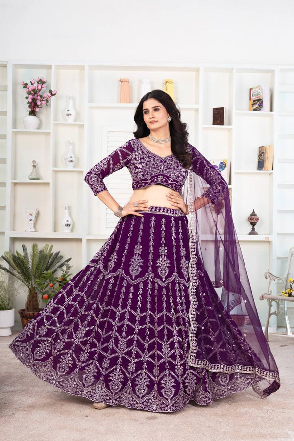 Purple Faux Georgette Sequin Embroidered Lehenga Set