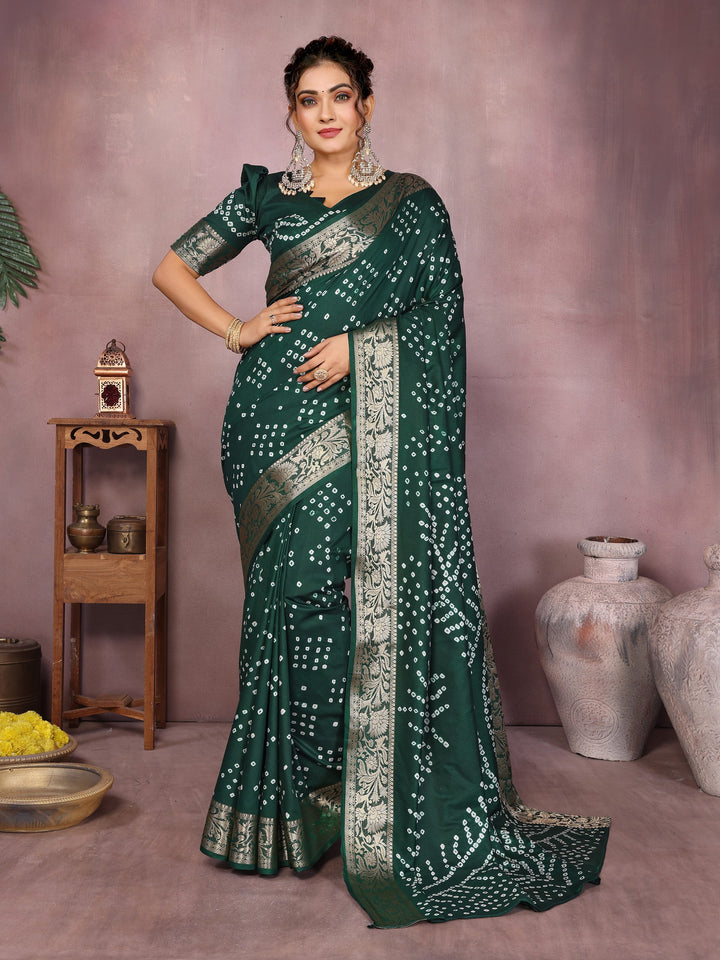 Bandhej Silk Saree with Morpankh Design & Zari Border – Tiamgee