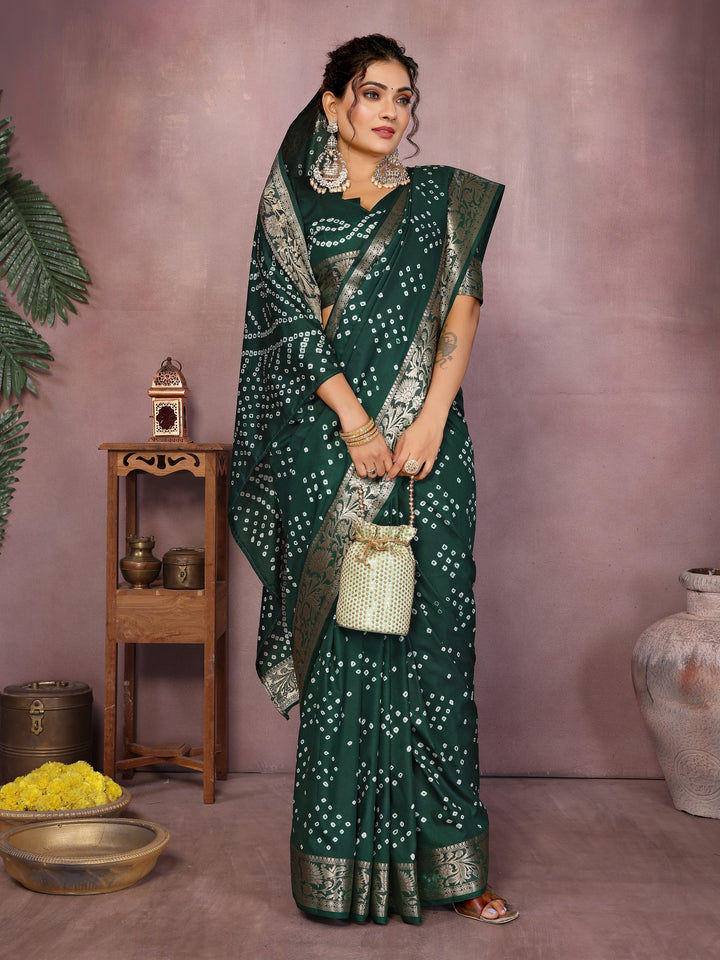 Bandhej Silk Saree with Morpankh Design & Zari Border – Tiamgee