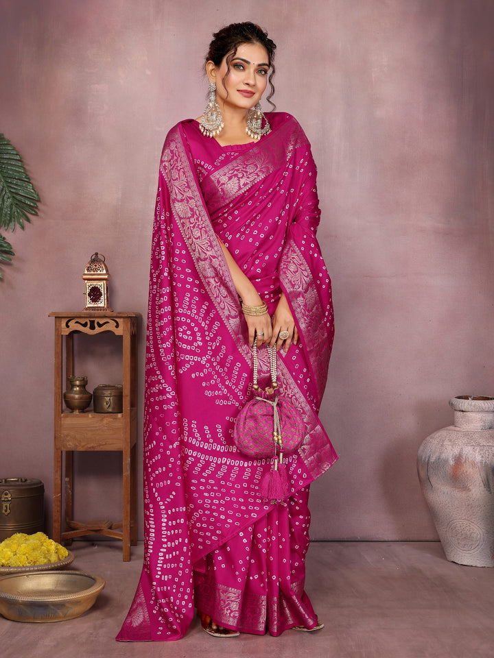 Bandhej Silk Saree with Morpankh Design & Zari Border – Tiamgee