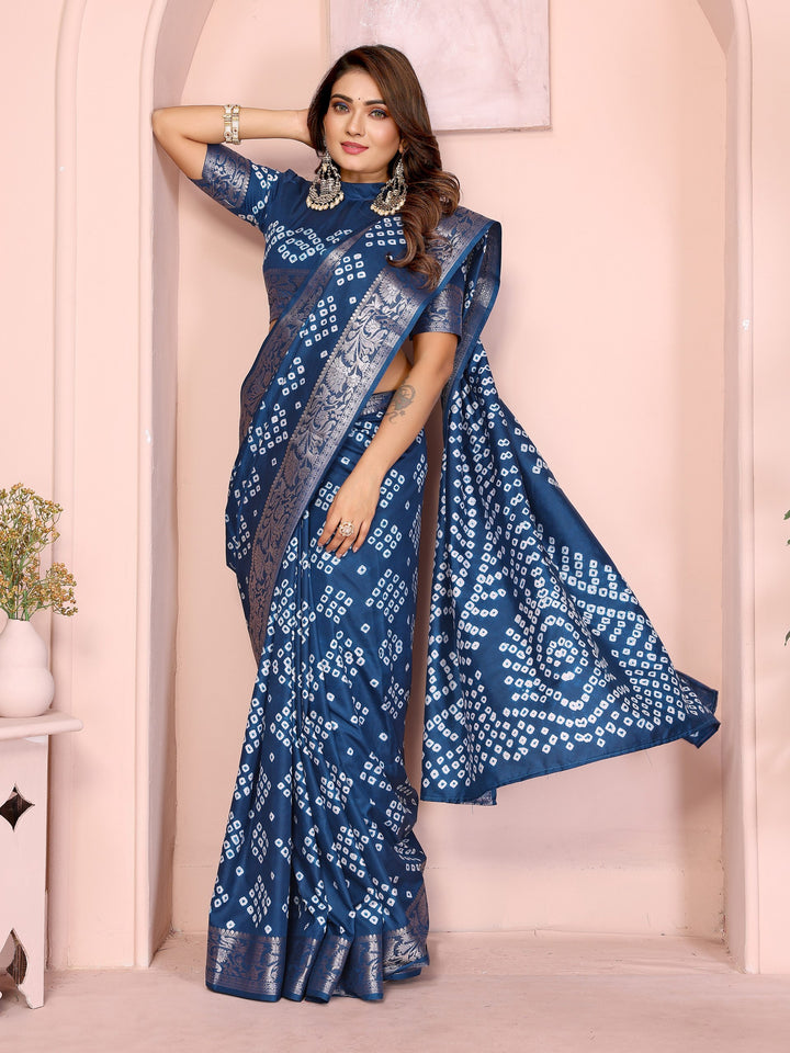Bandhej Silk Saree with Morpankh Design & Zari Border – Tiamgee