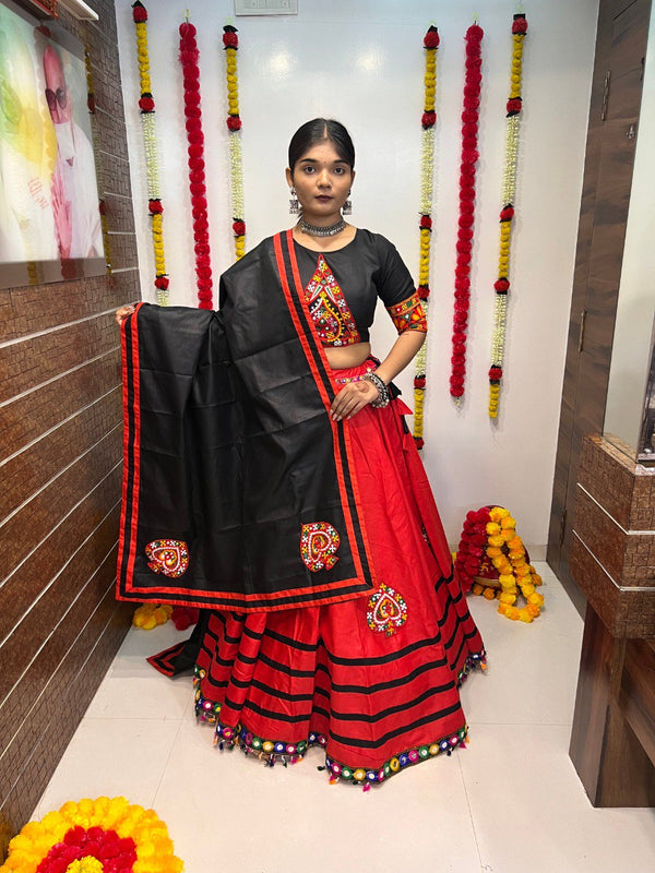 Red Cotton Silk Gamthi Work Lehenga Choli (7 Meter Flair)