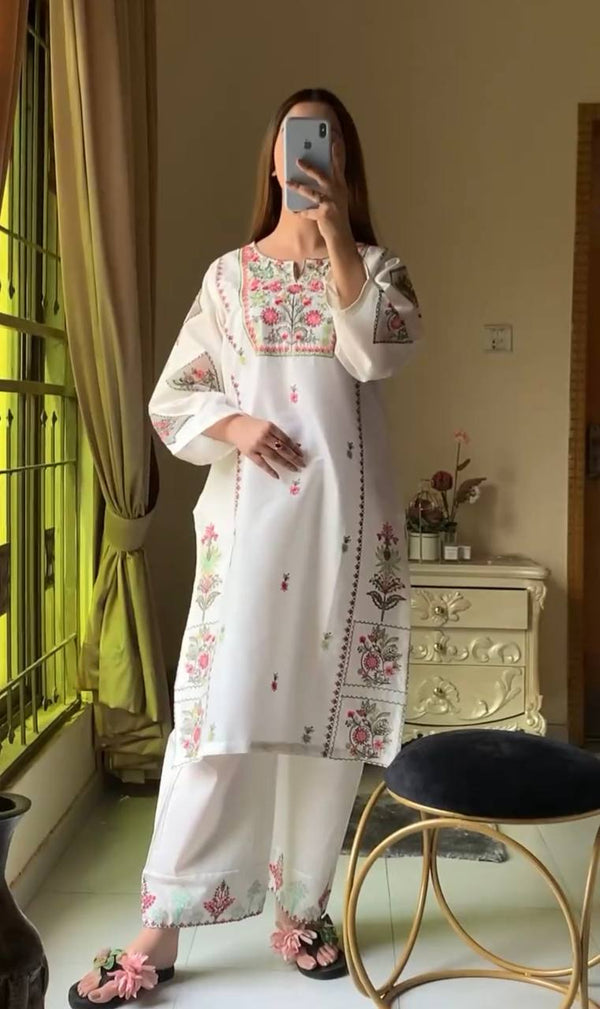 White Heavy Rayon Silk Embroidered Plazzo Set