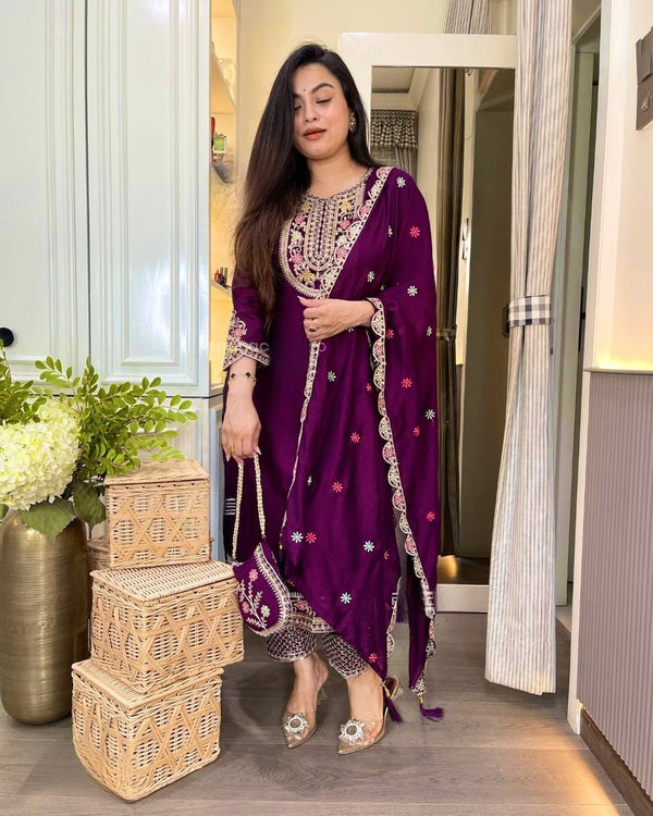 Purple & Teal Pure Chinon Silk Embroidered Suit Set with Dupatta