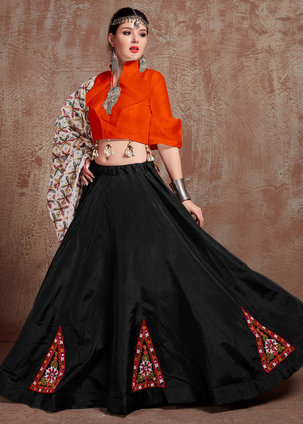 Orange Black Taffeta Silk Navratri Chaniya Choli