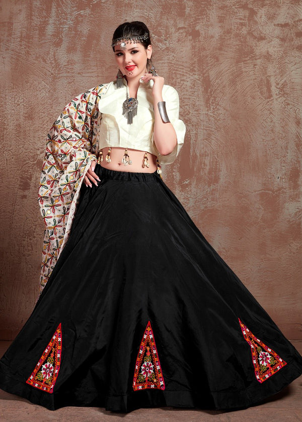 White Black Taffeta Silk Navratri Chaniya Choli