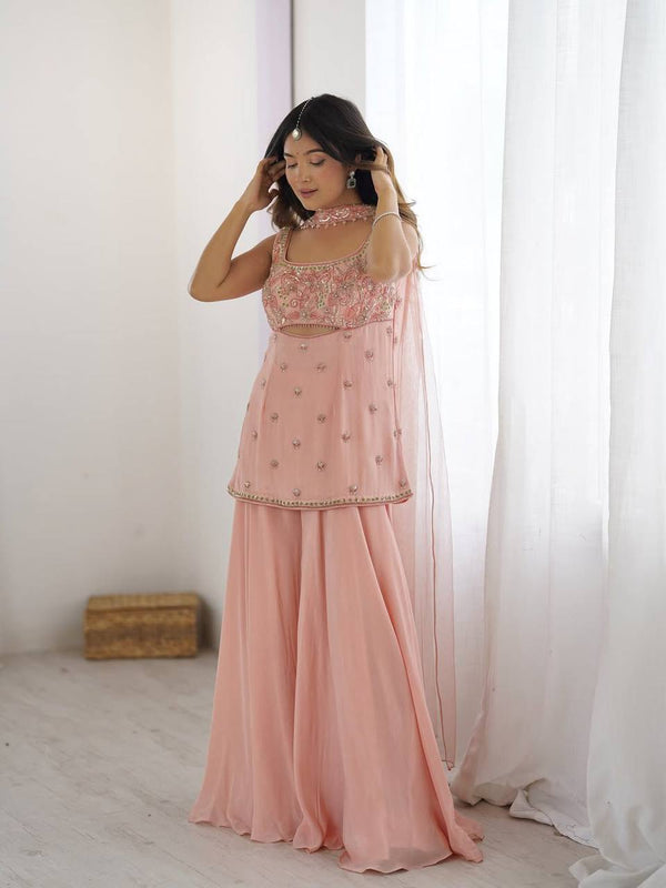 Light Pink Indo-Western Three-Piece Set with Sequins Embroidery Work