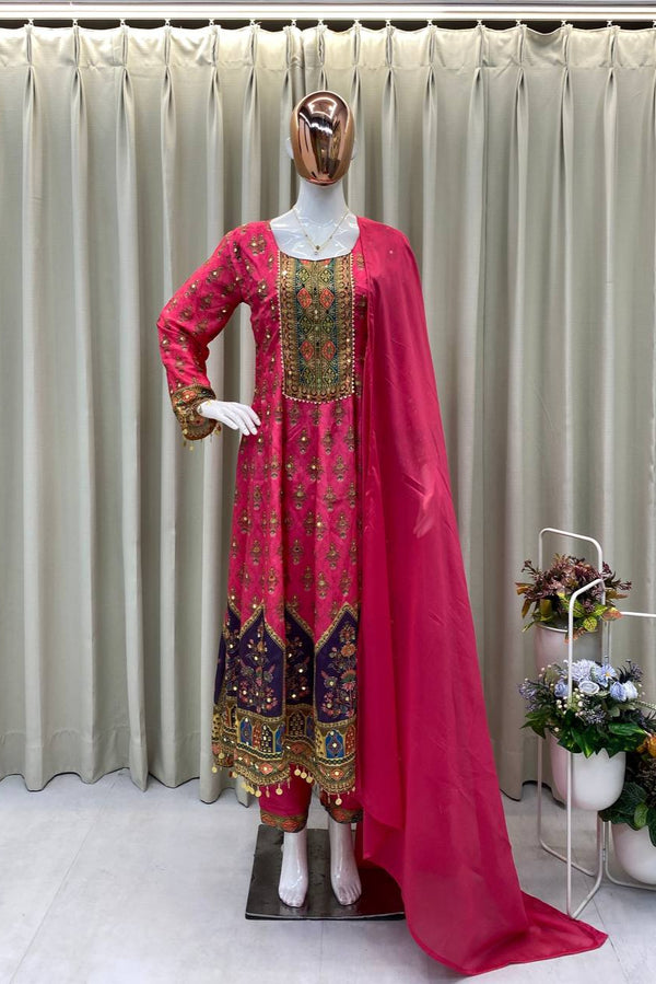 Pink Chinon Kurti Set with Printed Pant and Rangoli Dupatta