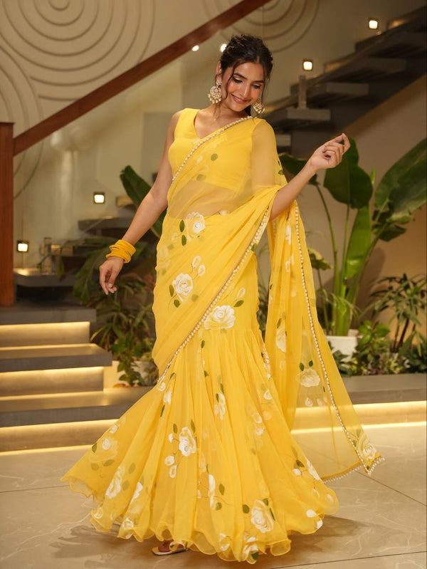 Yellow Georgette Lehenga Saree with Digital Print & Pearl Lace Detailing