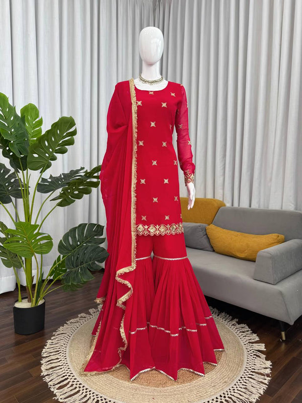 Red Faux Georgette Sharara Set with Sequin and Thread Work