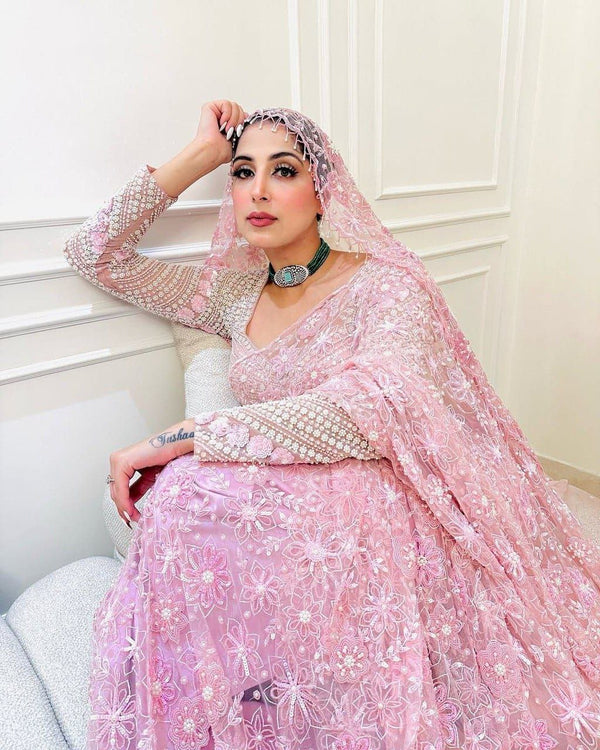 Light Pink Butterfly Net Embroidered Saree with Blouse