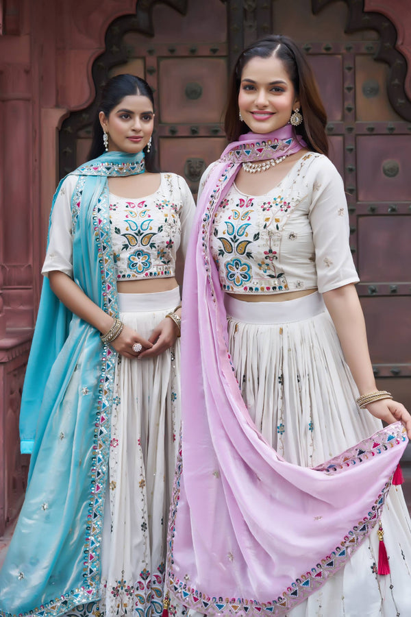Off White Pure Tissue Silk Embroidered Lehenga Choli with Fendy Dupatta