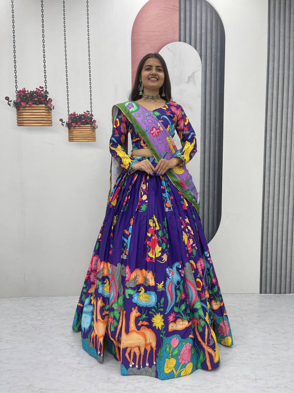 Purple Pure Cotton Kalamkari Print Lehenga Choli with Dupatta