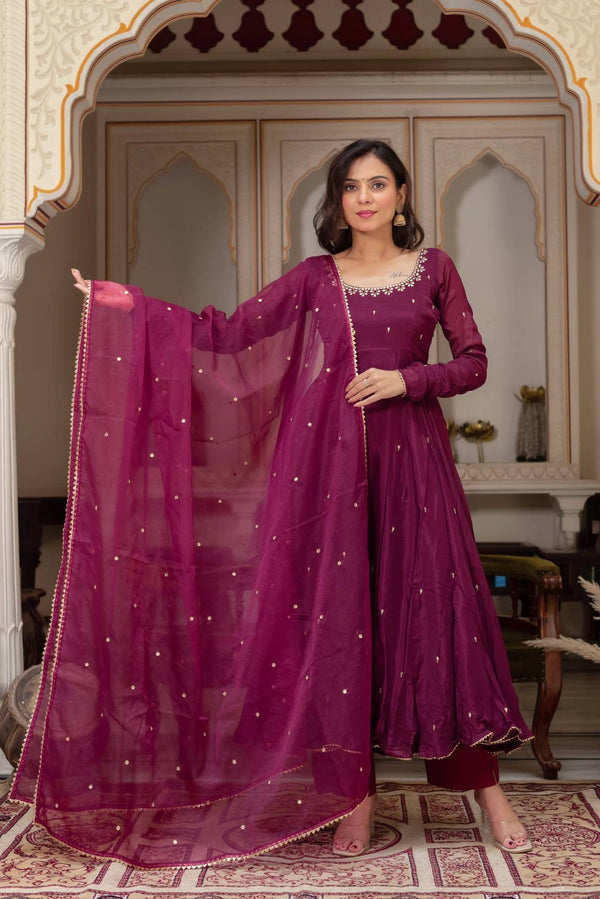 Purple Heavy Fox Georgette Gown Set with Sequin Embroidery and Net Dupatta