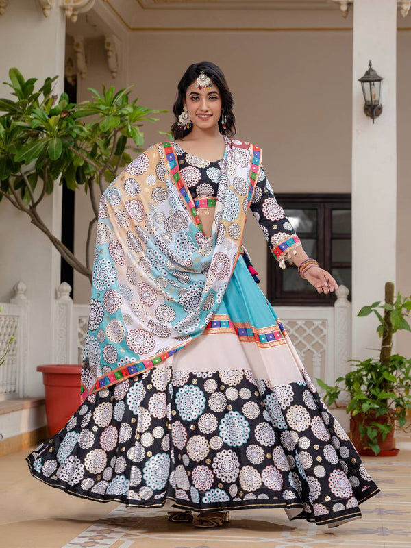 White Foil Print Crepe Silk Lehenga with Matching Choli and Dupatta