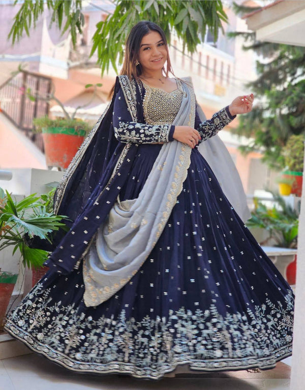Dark Blue Faux Georgette Embroidered Lehenga Choli with Dupatta