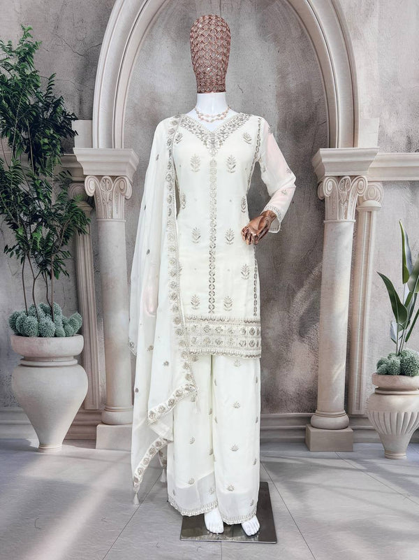 White Faux Georgette Silk Palazzo Set with Dupatta