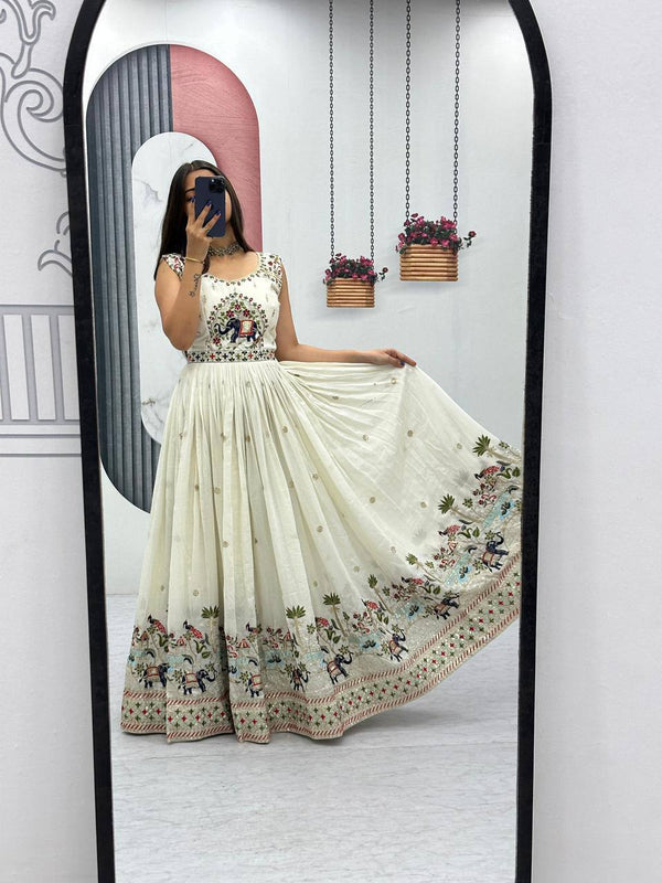 Off White Chinon Embroidered Gown with Dupatta