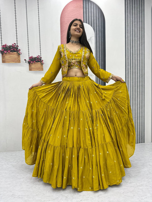 Yellow & Purple Chinon Crop Top Lehenga with Heavy Jacket