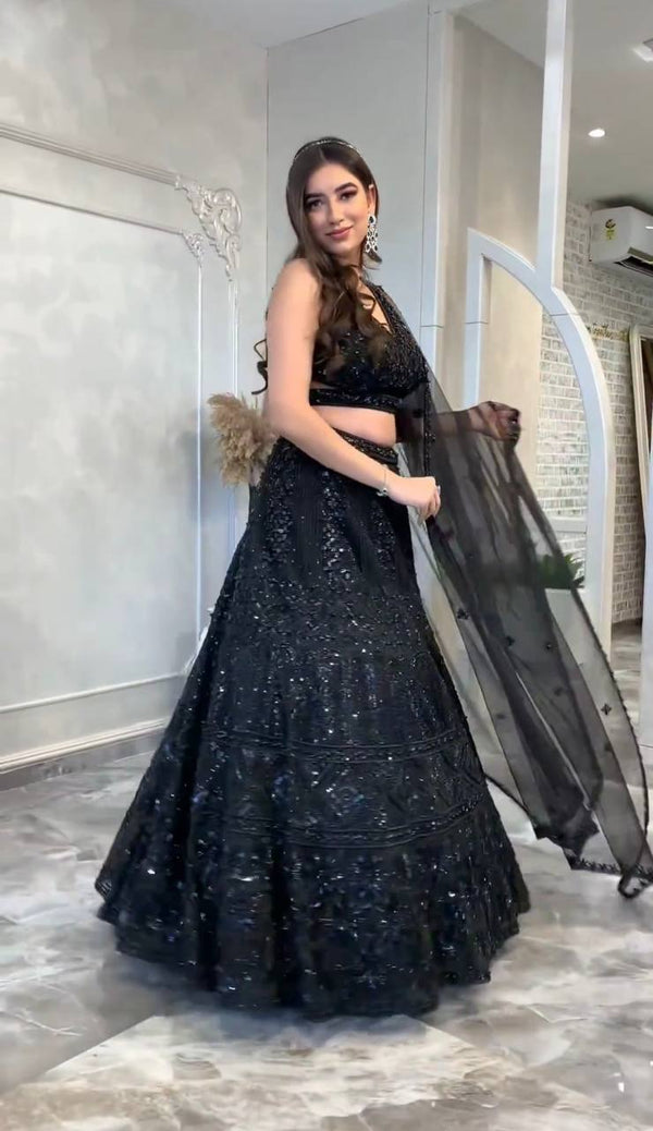 Black Net Lehenga with Dori & Sequins Work, Blouse, Dupatta & Belt