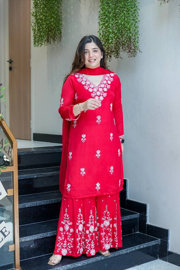 Red & Pink Faux Georgette Silk Sharara Set with Dupatta
