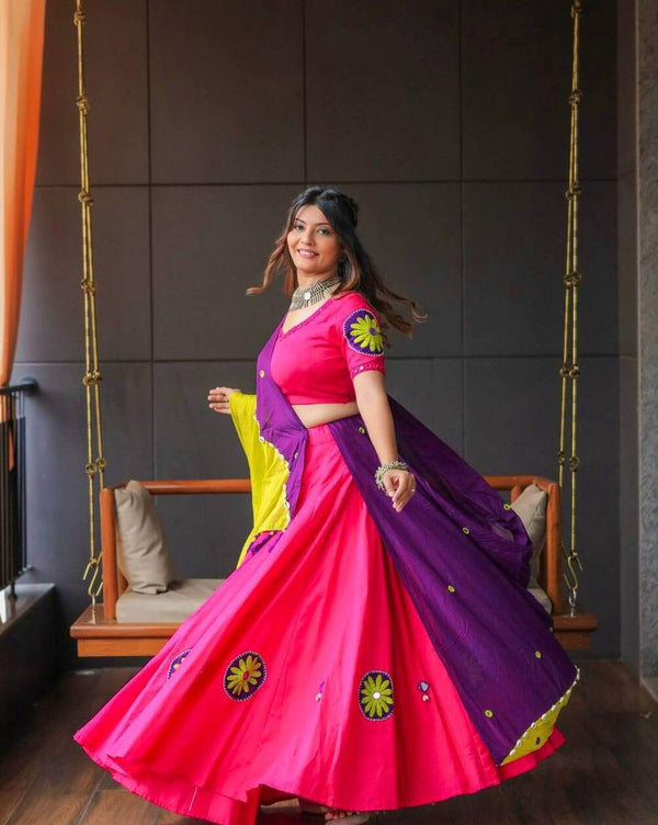 Pink Navratri Special Rayon Cotton Embroidered Lehenga Choli – 6 Meter Flair