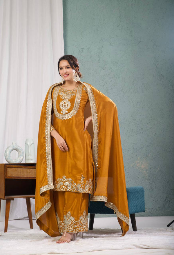 Mustard & Blue Chinnon Silk Embroidered Suit Set