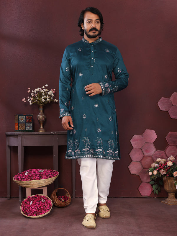 Silk Kurta Pyjama with Embroidery Work Men's Kurta